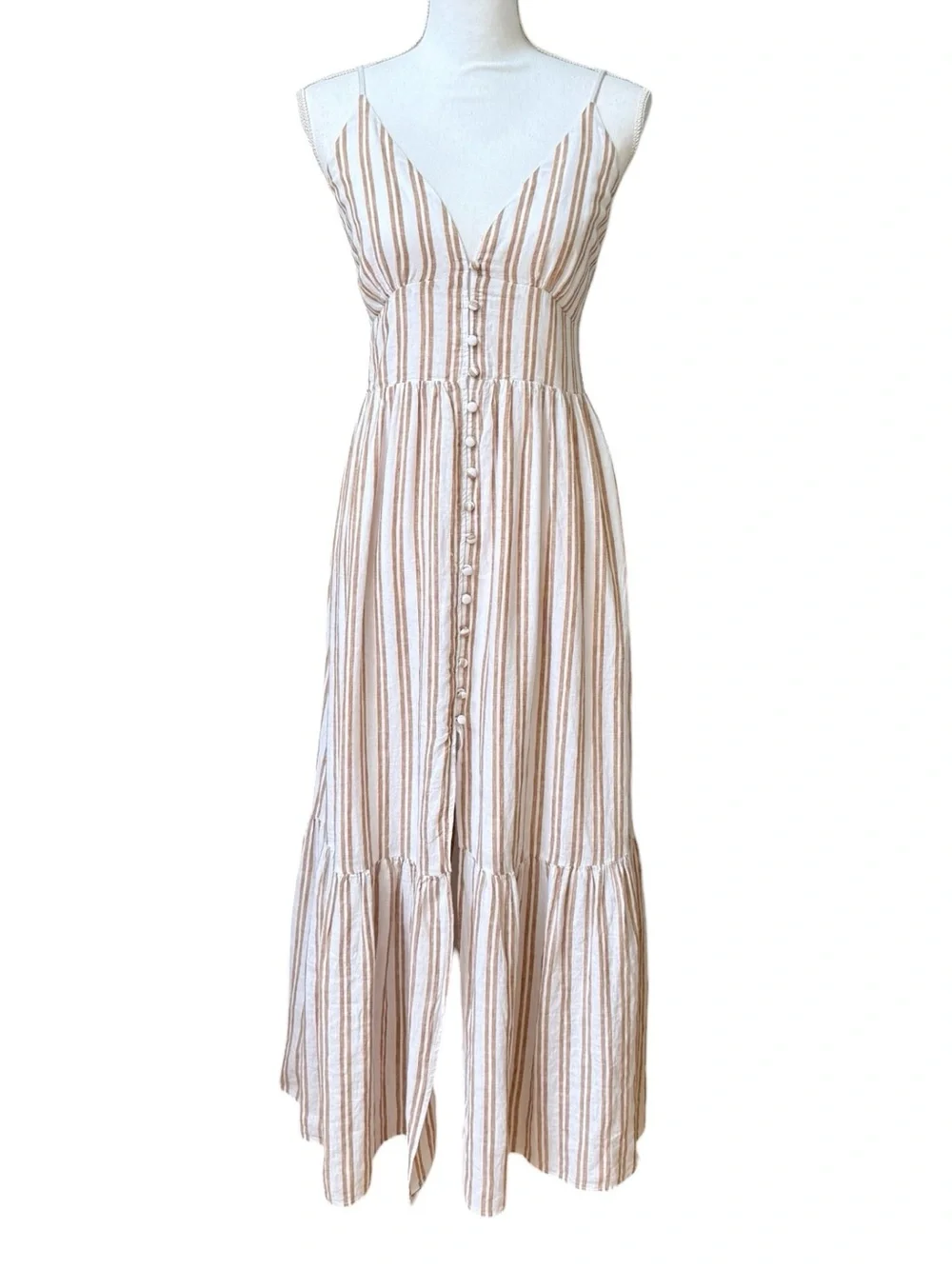 Abercrombie & Fitch Striped Tan White Maxi Sundress Adjustable Straps Sz M NWT